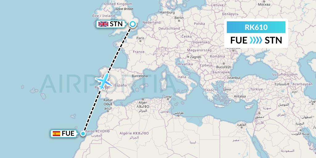 RK610 Ryanair UK Flight Map: Fuerteventura to London