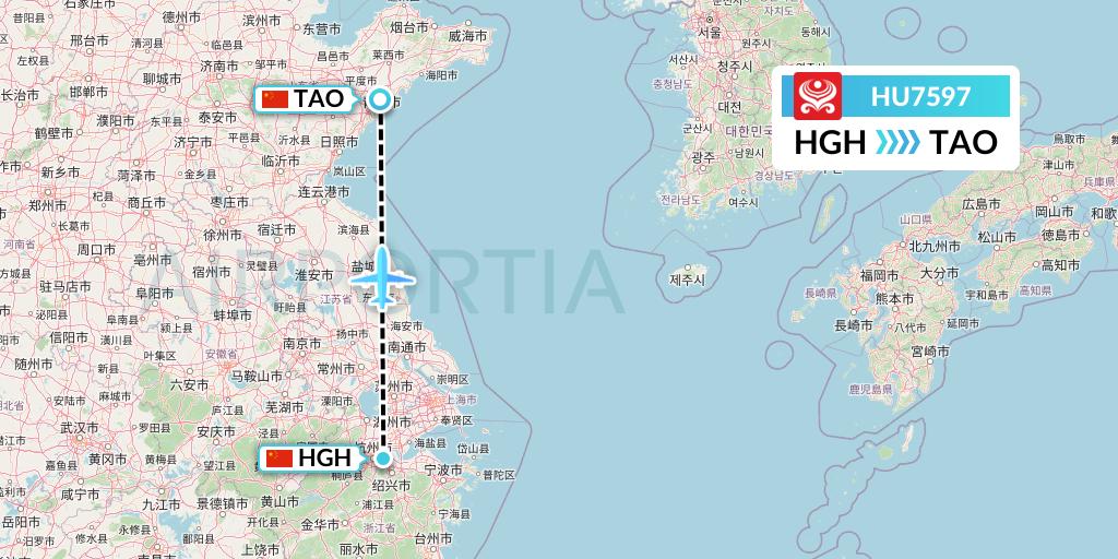 HU7597 Hainan Airlines Flight Map: Hangzhou to Qingdao