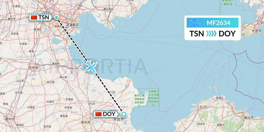 MF2634 Xiamen Airlines Flight Map: Tianjin to Dongying