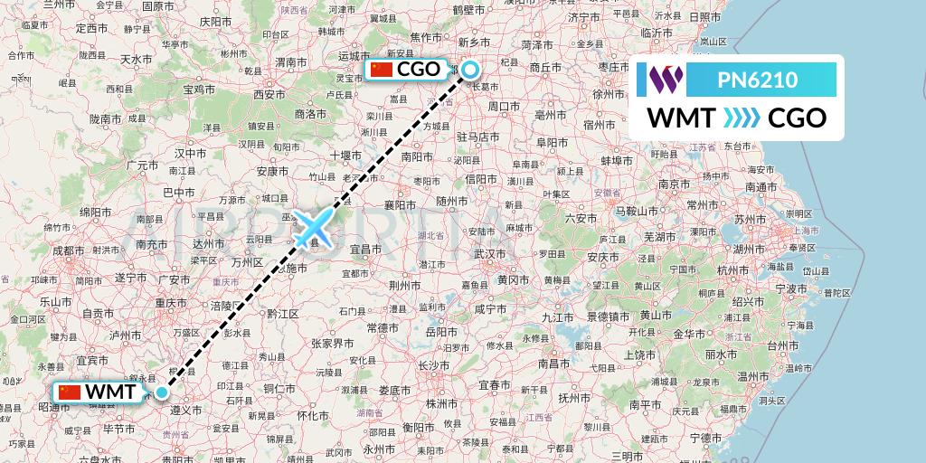 PN6210 China West Air Flight Map: Zunyi to Zhengzhou