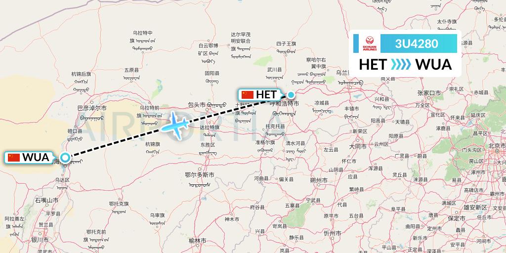 3U4280 Sichuan Airlines Flight Map: Hohhot to Wuhai