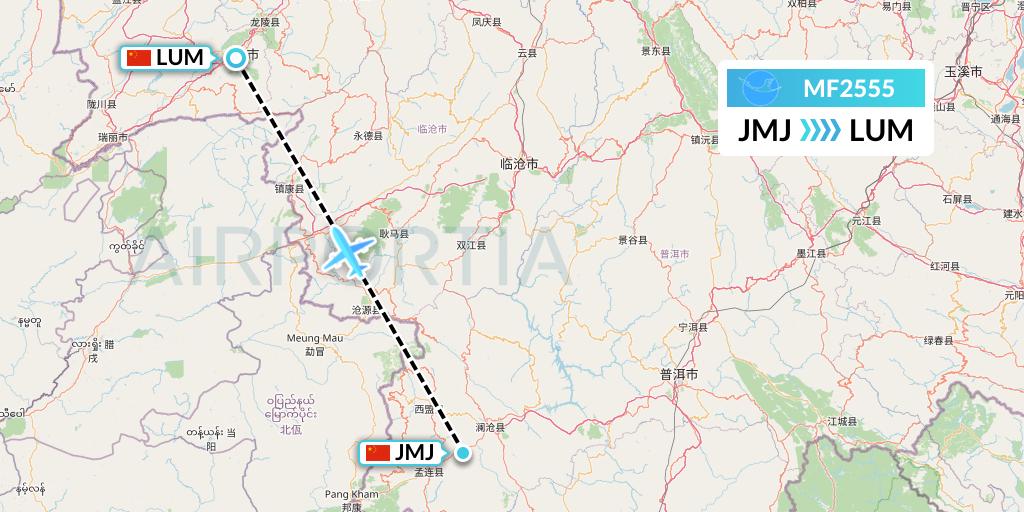 MF2555 Xiamen Airlines Flight Map: Pu'er to Mangshi