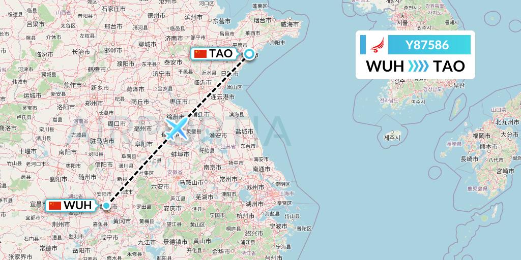 Y87586 Yangtze River Express Flight Map: Wuhan to Qingdao