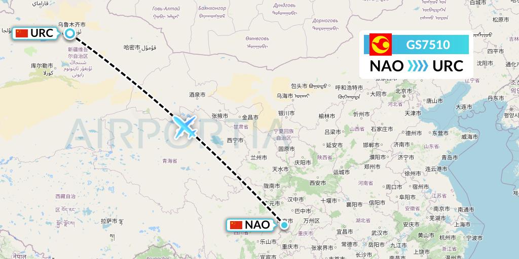 GS7510 Tianjin Airlines Flight Map: Nanchong to Urumqi
