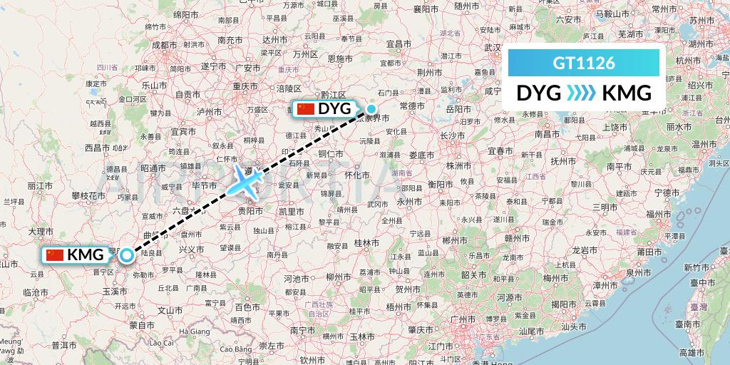 GT1126 Air Guilin Flight Map: Dayong to Kunming