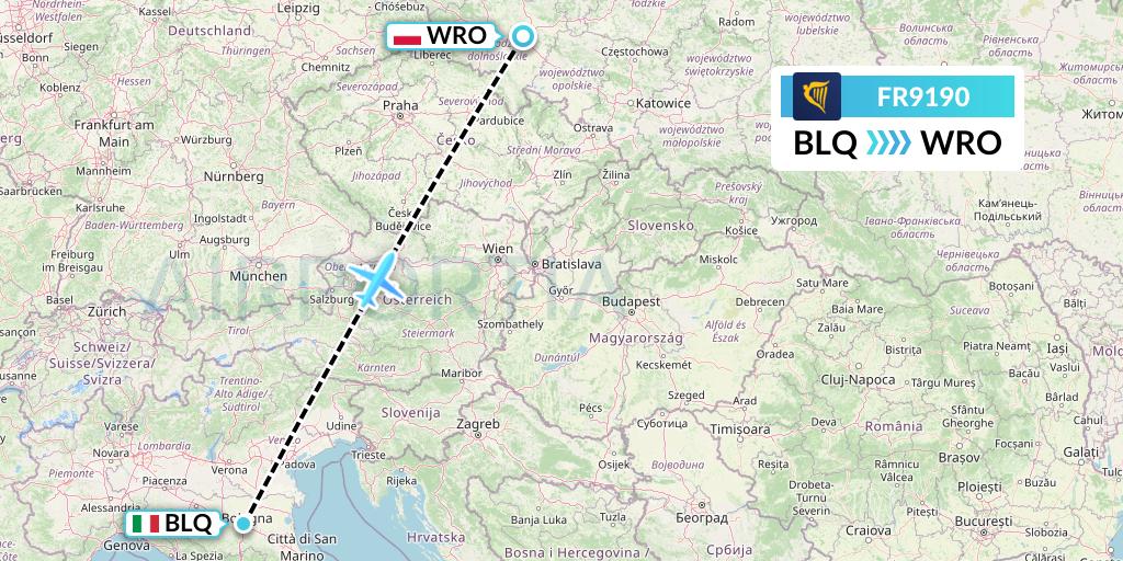 FR9190 Ryanair Flight Map: Bologna to Wroclaw
