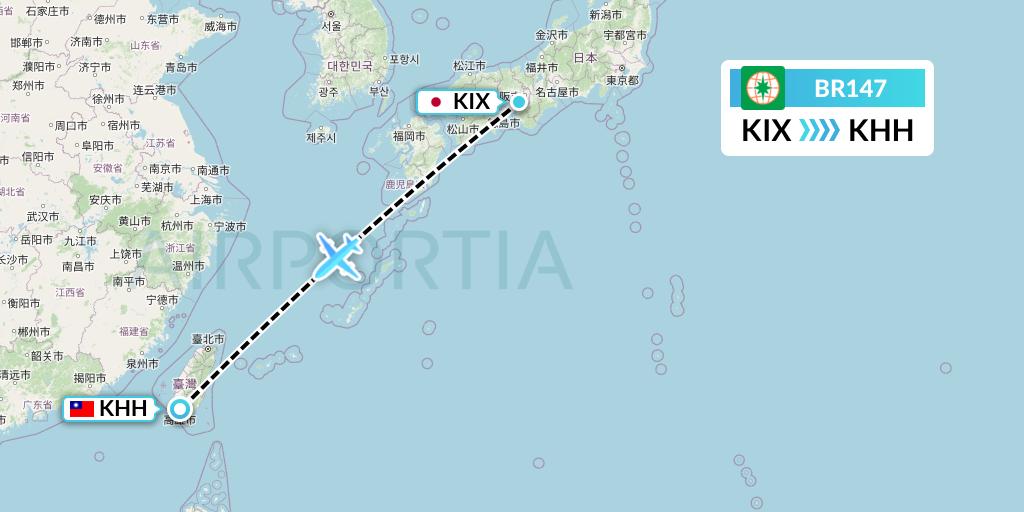 BR147 EVA Air Flight Map: Osaka to Kaohsiung