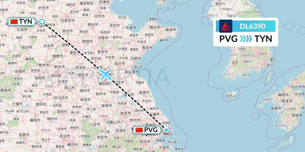 DL6390 Delta Air Lines Flight Map: Shanghai to Taiyuan