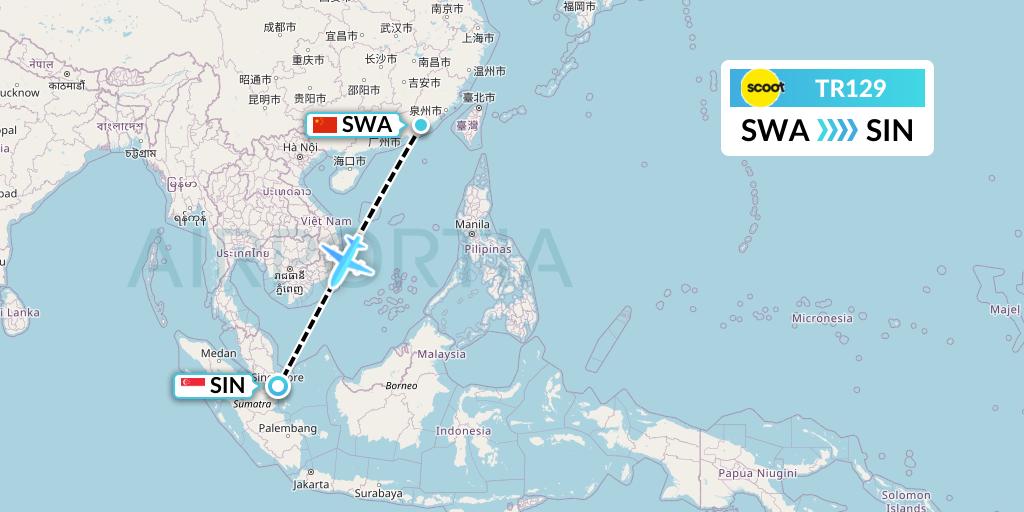 TR129 Tigerair Flight Map: Jieyang to Singapore