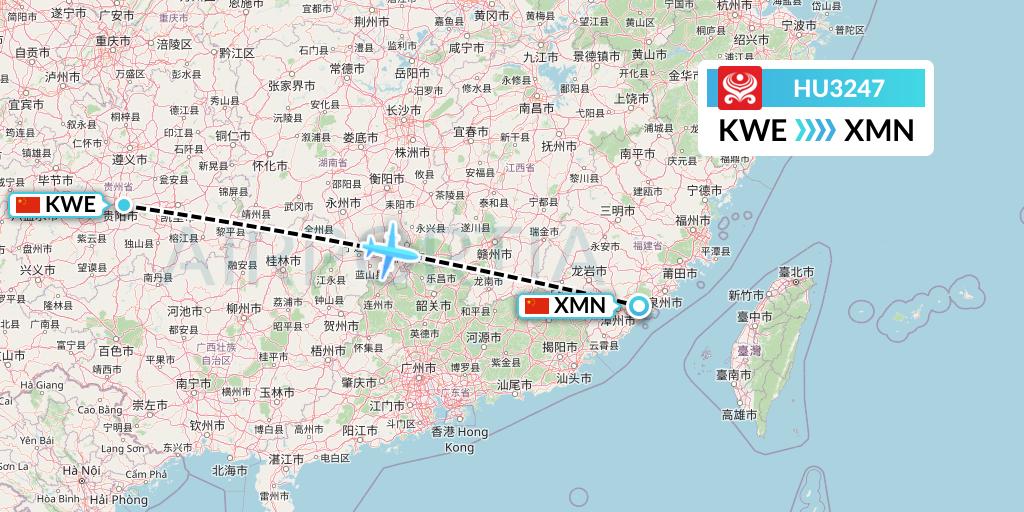 HU3247 Hainan Airlines Flight Map: Guiyang to Xiamen