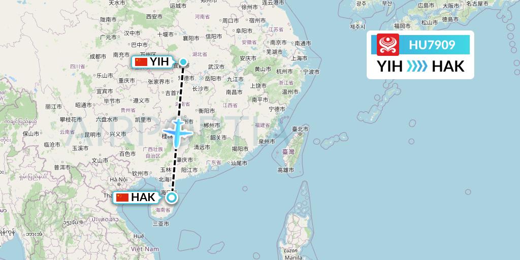 HU7909 Hainan Airlines Flight Map: Yichang to Haikou