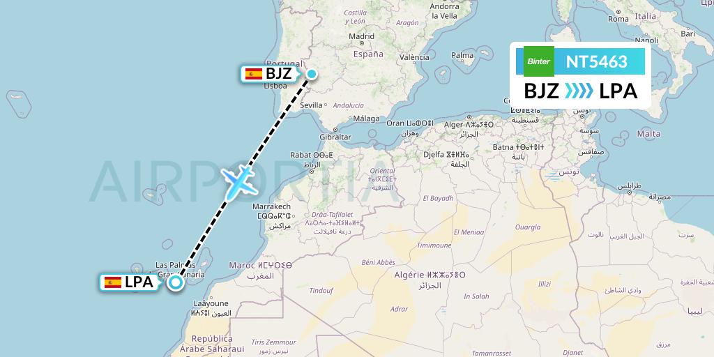 NT5463 Binter Canarias Flight Map: Badajoz to Las Palmas