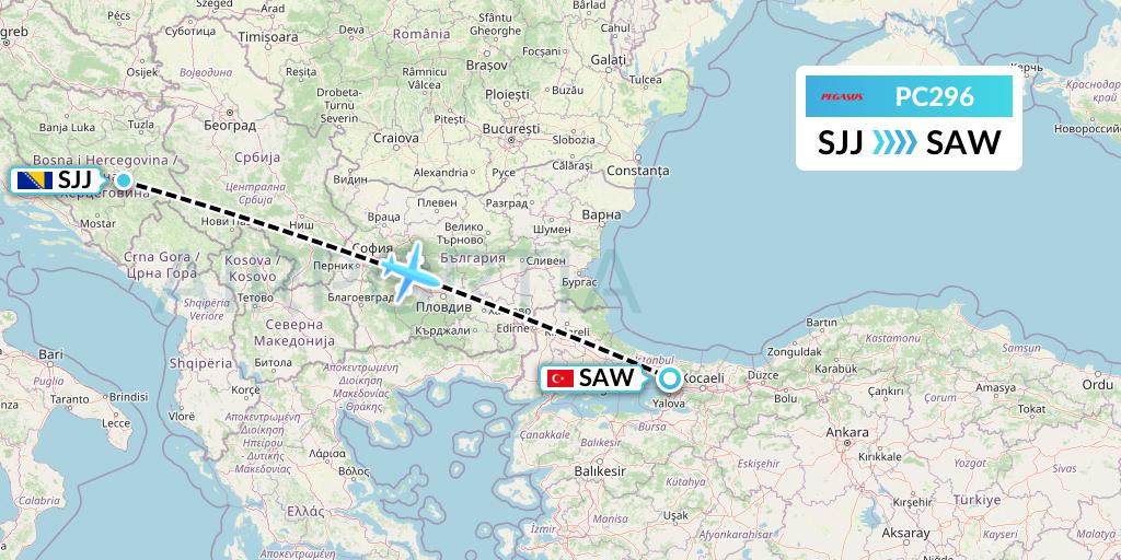 PC296 Pegasus Airlines Flight Map: Sarajevo to Istanbul