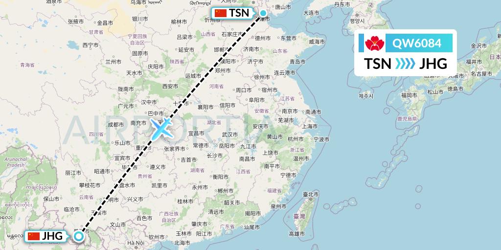 QW6084 Qingdao Airlines Flight Map: Tianjin to Jinghong