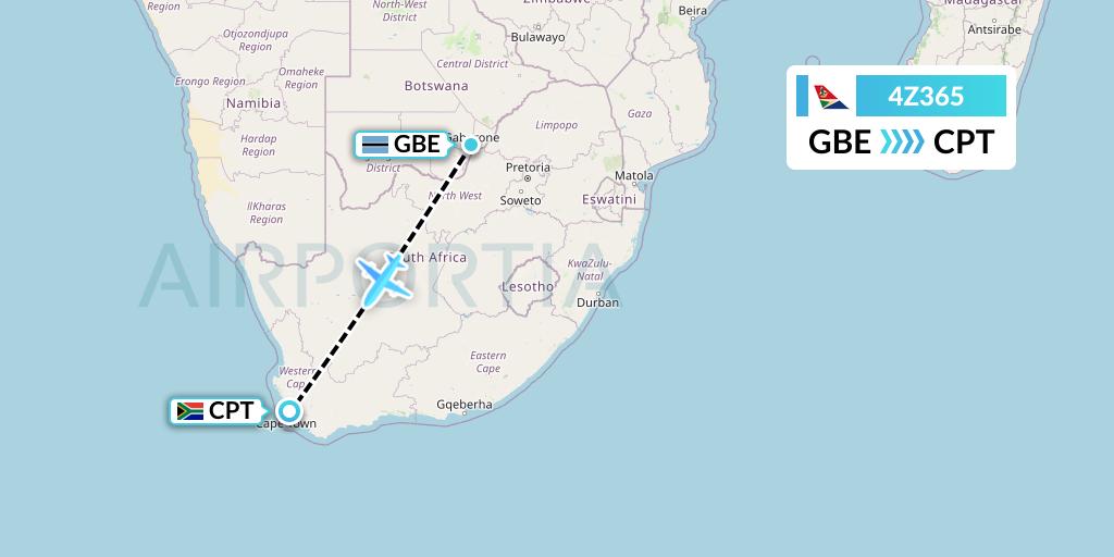 4Z365 Airlink Flight Map: Gaborone to Cape Town