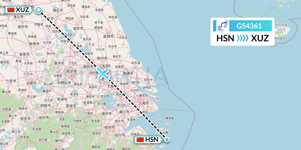 G54361 China Express Airlines Flight Map: Zhoushan to Xuzhou