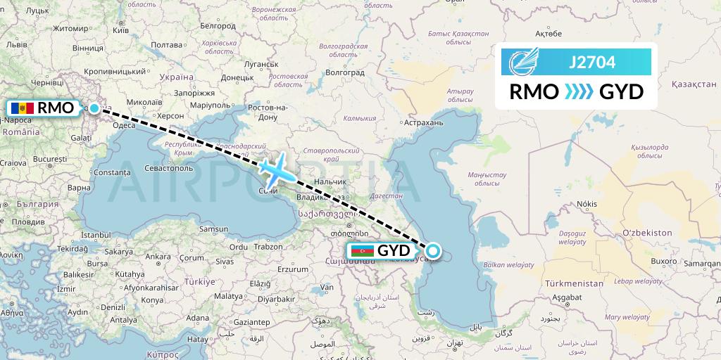 J2704 Azerbaijan Airlines Flight Map: Chisinau to Baku