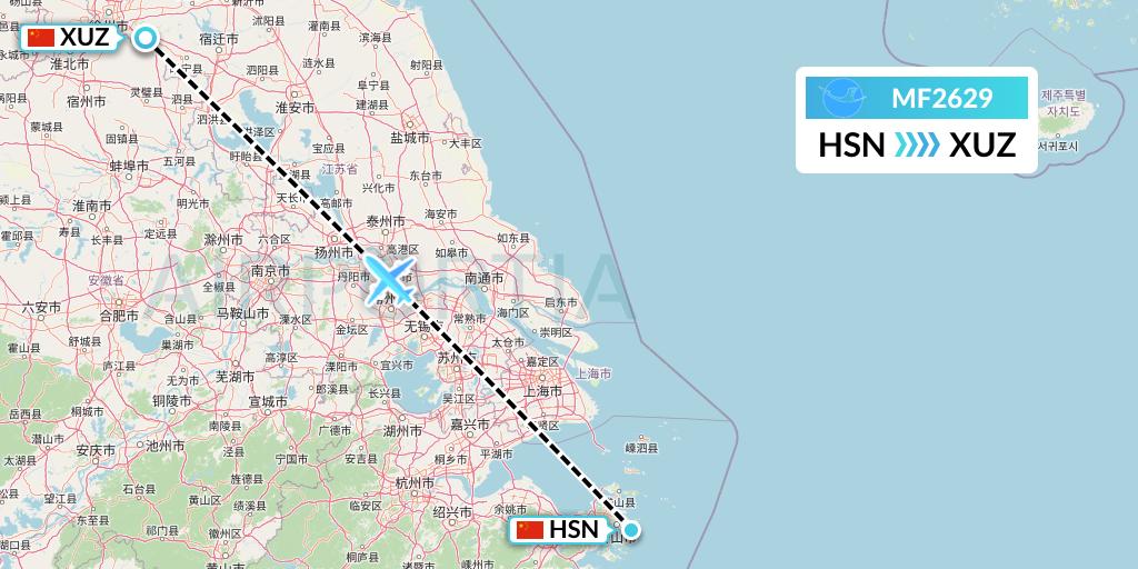 MF2629 Xiamen Airlines Flight Map: Zhoushan to Xuzhou
