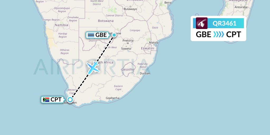 QR3461 Qatar Airways Flight Map: Gaborone to Cape Town