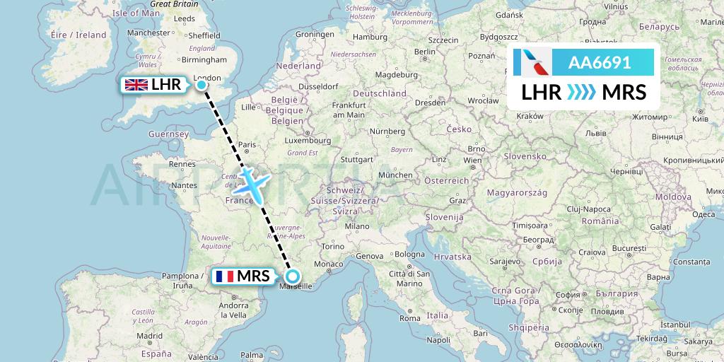 AA6691 American Airlines Flight Map: London to Marseille