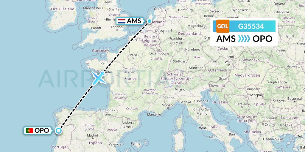 G35534 GOL Transportes Aeros Flight Map: Amsterdam to Porto