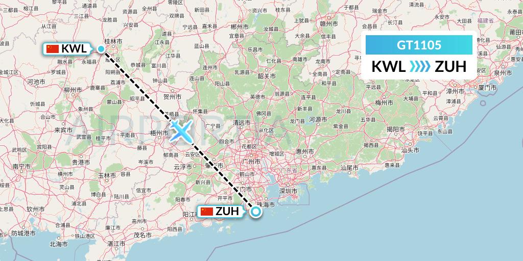 GT1105 Air Guilin Flight Map: Guilin to Zhuhai