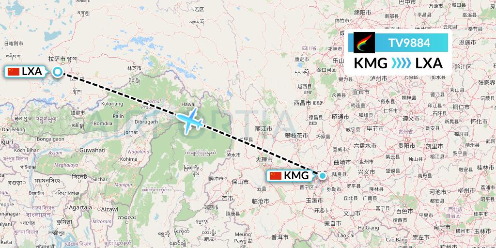 TV9884 Tibet Airlines Flight Map: Kunming to Lhasa