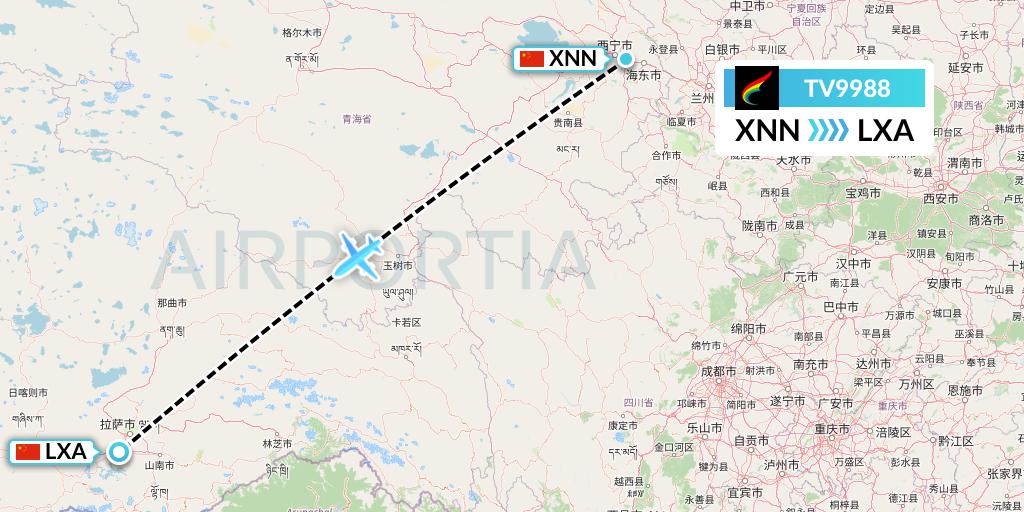 TV9988 Tibet Airlines Flight Map: Xining to Lhasa