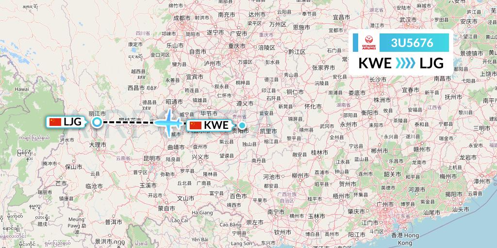 3U5676 Sichuan Airlines Flight Map: Guiyang to Lijiang