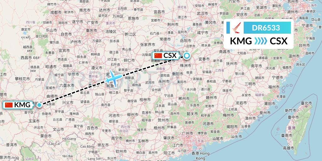 DR6533 Ruili Airlines Flight Map: Kunming to Changsha