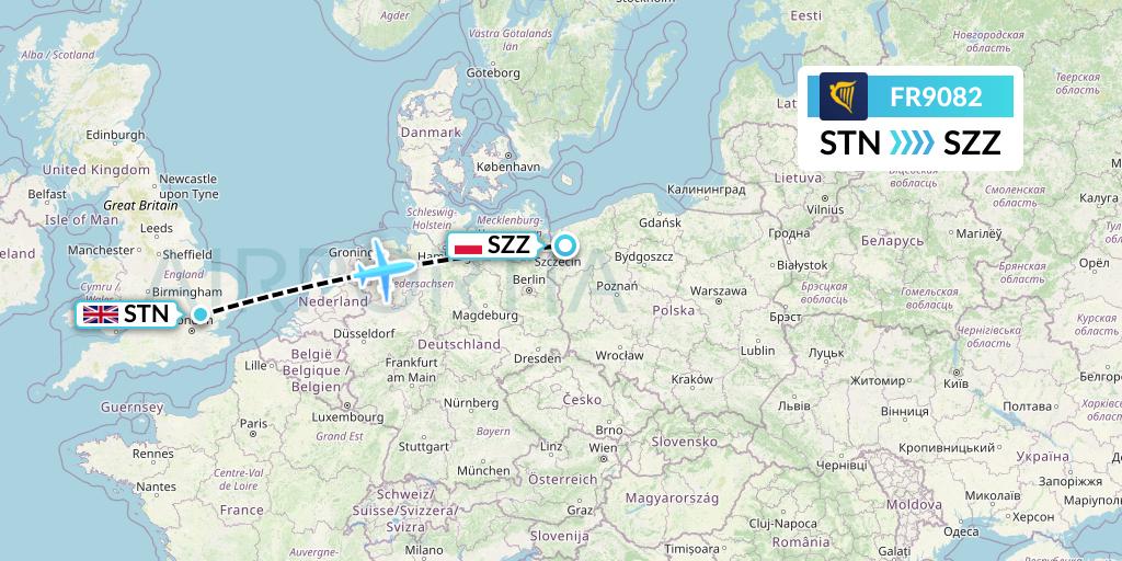 FR9082 Ryanair Flight Map: London to Szczecin