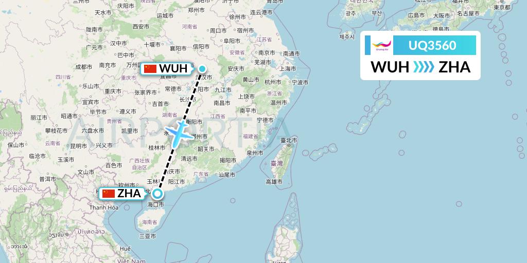 UQ3560 Urumqi Airlines Flight Map: Wuhan to Zhanjiang