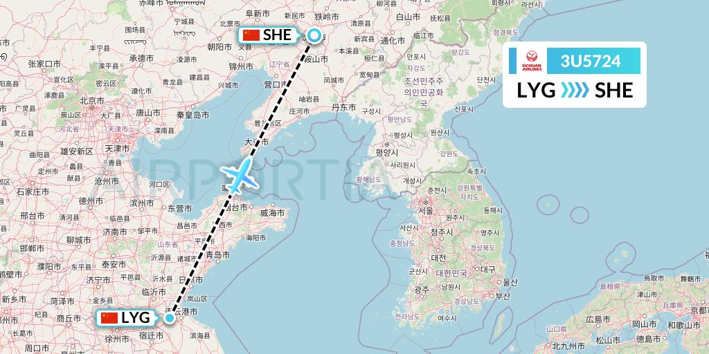3U5724 Sichuan Airlines Flight Map: Lianyungang to Shenyang