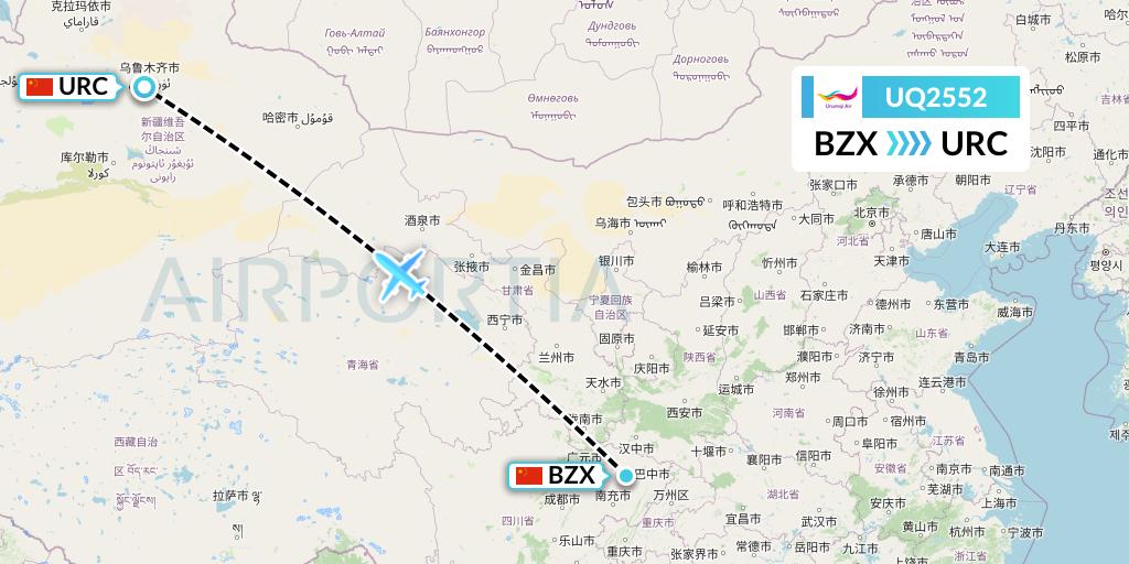 UQ2552 Urumqi Airlines Flight Map: Guangyuan to Urumqi