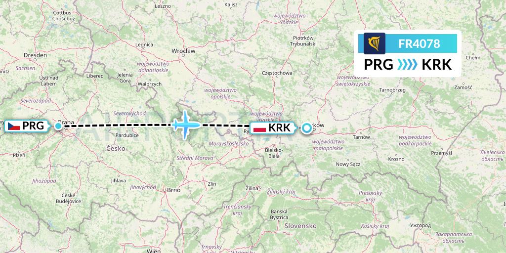 FR4078 Ryanair Flight Map: Prague to Krakow