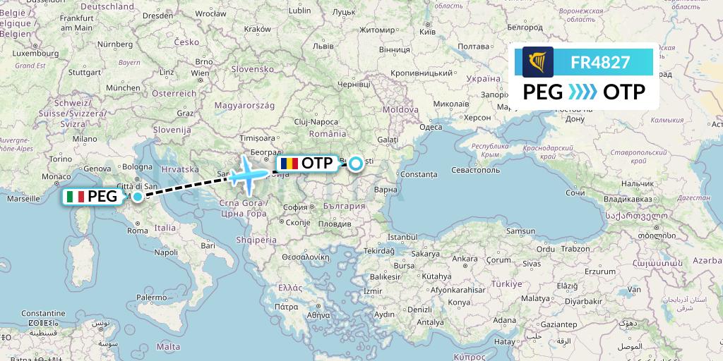 FR4827 Ryanair Flight Map: Perugia to Bucharest