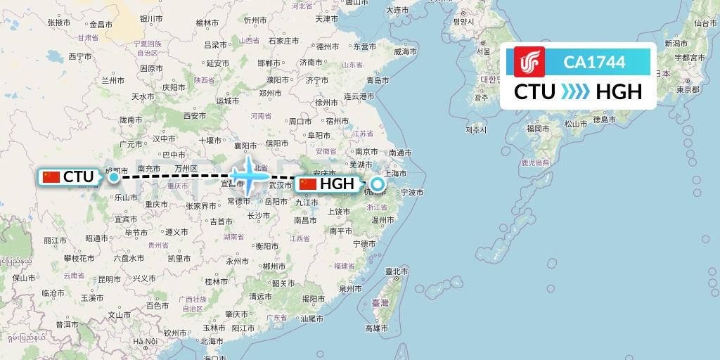 CA1744 Air China Flight Map: Chengdu to Hangzhou