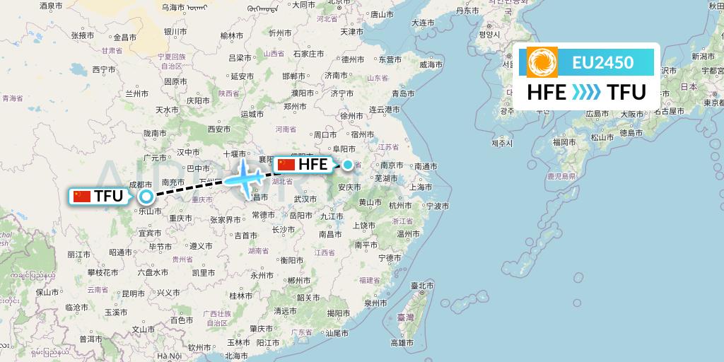EU2450 Chengdu Airlines Flight Map: Hefei to Chengdu