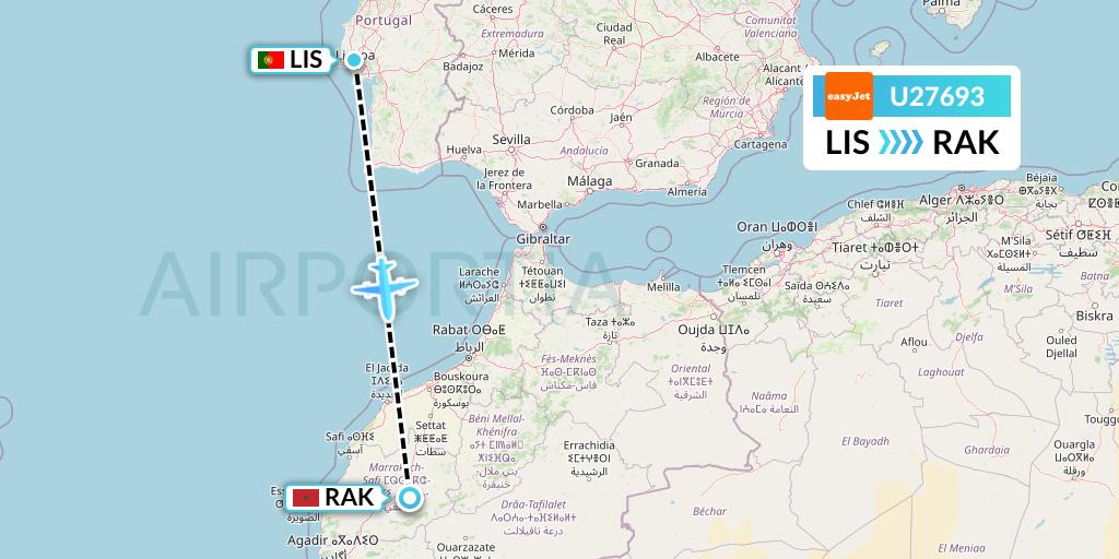 U27693 EasyJet Flight Map: Lisbon to Marrakesh