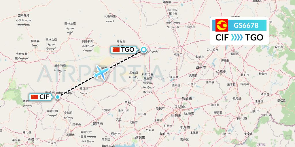 GS6678 Tianjin Airlines Flight Map: Chifeng to Tongliao