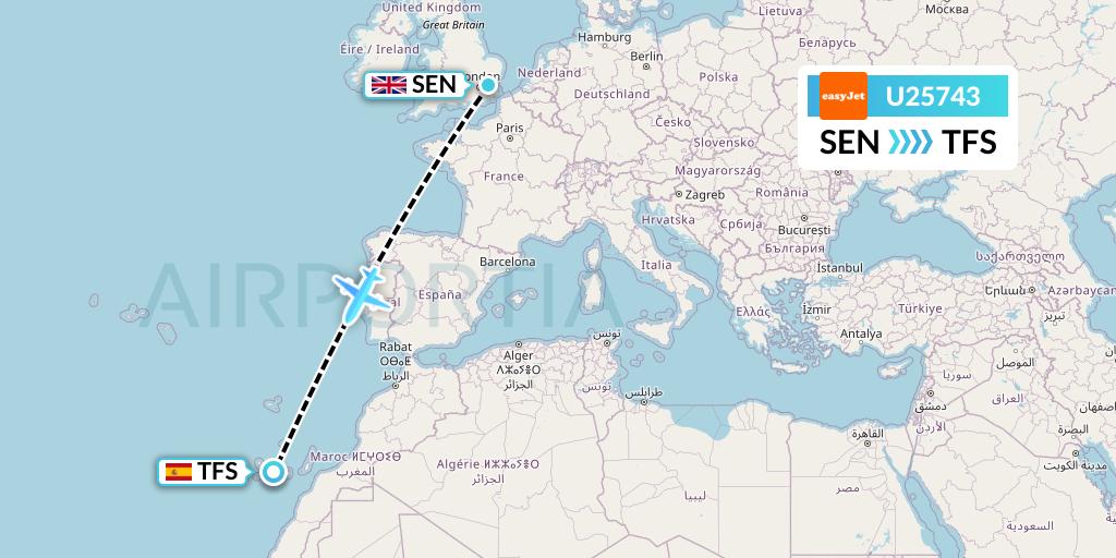 U25743 EasyJet Flight Map: Southend to Tenerife