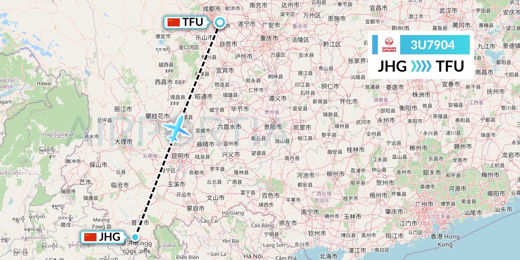 3U7904 Sichuan Airlines Flight Map: Jinghong to Chengdu