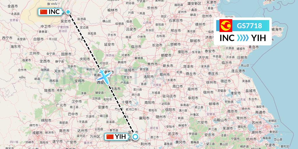 GS7718 Tianjin Airlines Flight Map: Yinchuan to Yichang
