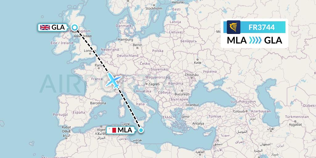 FR3744 Ryanair Flight Map: Malta to Glasgow