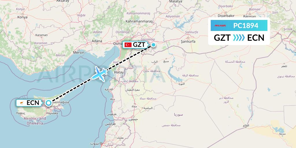 PC1894 Pegasus Airlines Flight Map: Gaziantep to Tymvou