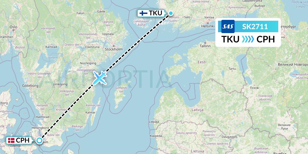 SK2711 SAS Flight Map: Turku to Copenhagen
