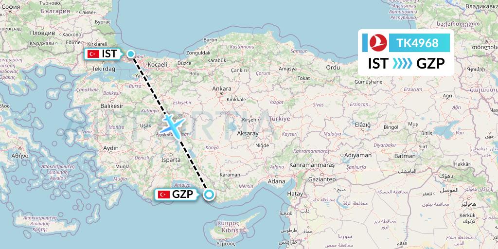 TK4968 Turkish Airlines Flight Map: Istanbul to Gazipasa