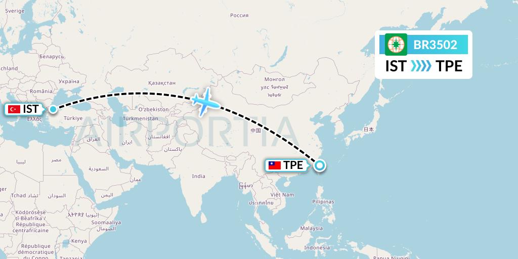 BR3502 EVA Air Flight Map: Istanbul to Taipei