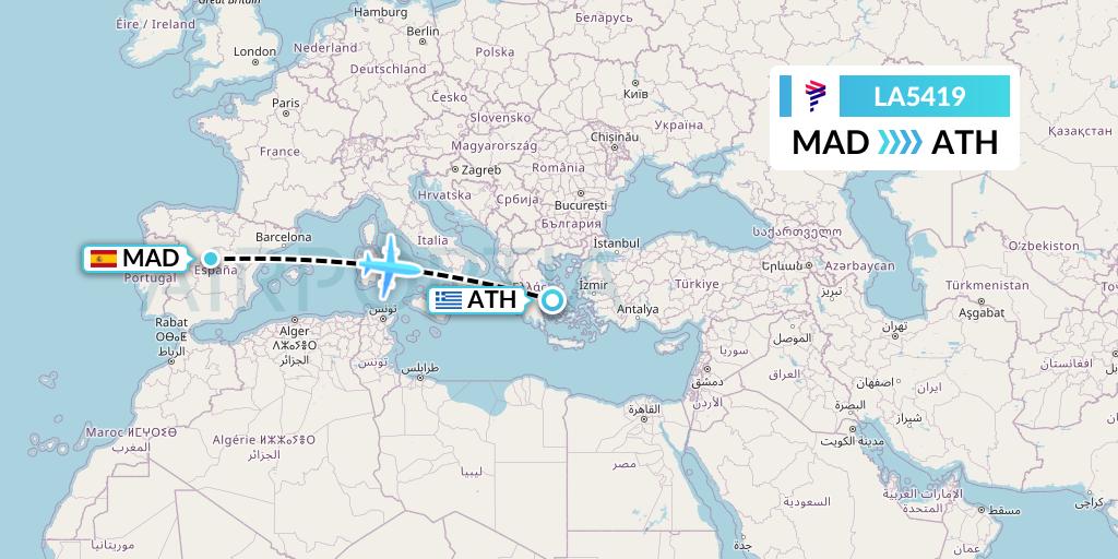 LA5419 LAN Airlines Flight Map: Madrid to Athens
