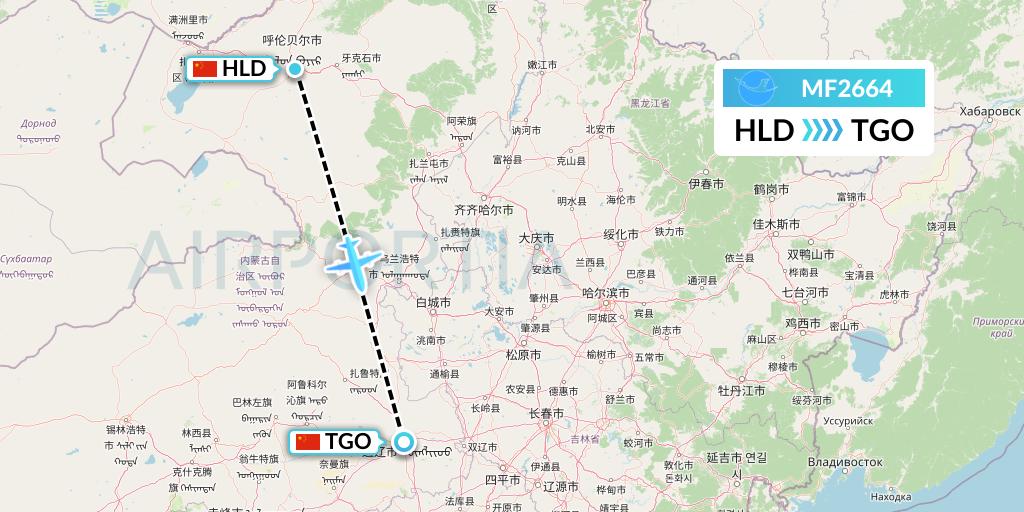 MF2664 Xiamen Airlines Flight Map: Hailar to Tongliao